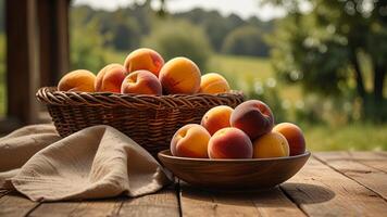 Ripe fragrant peaches in a wicker bowl and plate with tablecloth on a wooden surface on rustic countryside blurred background. Banner with copy space. Farm natural products concept. Nature landscape photo
