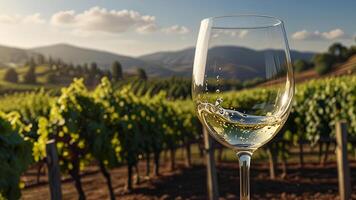 Glass with white wine on blurred nature background, vineyard and mountain landscape in sunny day. Winemaking concept, tasting, grape production. Banner with copy space. photo