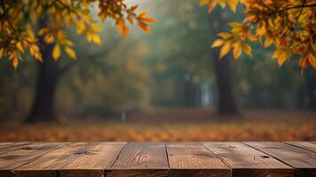 Empty wooden surface on blurred seasonal autumn background. Nature with view to park trees. Mock up with copy space. Template showcase scene for display, montage, advertising product. photo