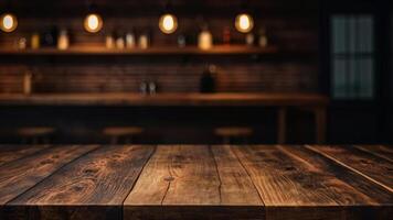 Empty dark wooden table top on blurred bar or restaurant background with warm lighting. Banner with copy space. Template showcase scene for display, montage, advertising product. photo