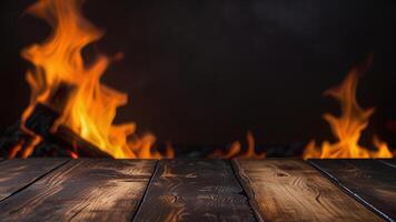 Empty dark textured wooden surface on blurred background with burning fireplace, smoke. Banner with copy space. Template showcase scene for display, montage, advertising product. photo