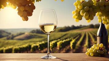 Glass with white wine, bunch of grapes on blurred nature background, vineyard and mountain landscape in sunny day. Winemaking concept, tasting, grape production. Banner with copy space. photo