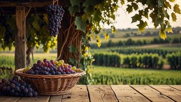 Ripe red and white grape in a wicker bowl on a wooden surface on rural countryside blurred background. Banner with copy space. Farm natural products, winemaking concept. Landscape with a vineyard photo