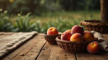 Ripe fragrant peaches in a wicker bowl with tablecloth on a wooden surface on rustic countryside blurred background. Banner with copy space. Farm natural products concept. Nature landscape photo