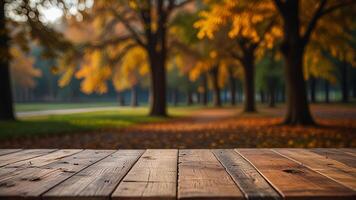 Empty wooden surface on blurred seasonal autumn background. Nature with view to park trees. Mock up with copy space. Template showcase scene for display, montage, advertising product. photo