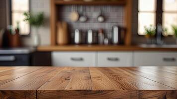 Empty wooden countertop on blurred modern kitchen interior background. Mock up with copy space. Template showcase scene for display, montage, advertising product photo