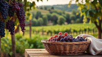 Ripe fragrant red grape in a wicker bowl on a wooden surface on rural countryside blurred background. Banner with copy space. Farm natural products, winemaking concept. Landscape with a vineyard photo