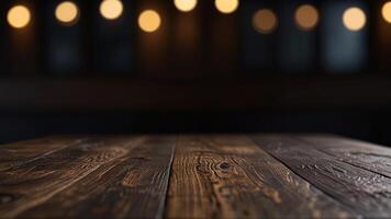 Empty dark wooden table top on blurred background with warm lighting, bokeh. Banner with copy space. Template showcase scene for display, montage, advertising product. photo