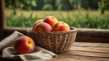 Ripe fragrant peaches in a wicker bowl with tablecloth on a wooden surface on rustic countryside blurred background. Banner with copy space. Farm natural products concept. Nature landscape photo