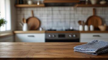 Empty wooden countertop with tablecloth on blurred modern kitchen interior background. Mock up with copy space. Template showcase scene for display, montage, advertising product photo