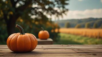 Wooden surface with pumpkins on blurred rustic countryside seasonal autumn background. Banner with copy space. Template showcase scene for display, montage, advertising product. photo