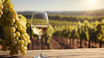 Glass with white wine on blurred nature background, vineyard and mountain landscape in sunny day. Winemaking concept, tasting, grape production. Banner with copy space. photo