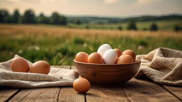 Rustic chicken eggs in a bowl on tablecloth on a wooden surface on rustic countryside blurred background. Banner with copy space. Farm natural products concept. Nature landscape photo