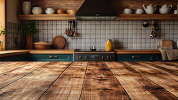 Empty textured wooden table top on blurred rustic kitchen interior background. Mock up with copy space. Template showcase scene for display, montage, advertising product photo