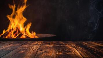 Empty dark textured wooden surface on blurred background with burning fire, smoke. Mock up with copy space. Template showcase scene for display, montage, advertising product. photo