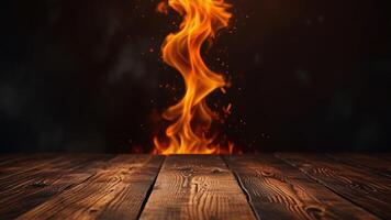 Empty dark wooden surface on blurred background with burning fireplace, smoke. Mock up with copy space. Template showcase scene for display, montage, advertising product. photo