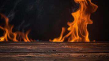 Empty dark textured wooden surface on blurred background with burning fire and smoke. Banner with copy space. Template showcase scene for display, montage, advertising product. photo