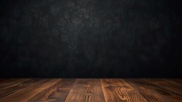 Empty dark wooden table top on blurred background. Banner with copy space. Template showcase scene for display, montage, advertising product. photo