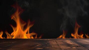 Empty dark wooden surface on blurred background with burning fire, smoke. Mock up with copy space. Template showcase scene for display, montage, advertising product. photo