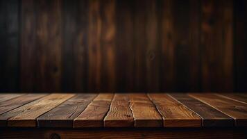 Empty dark wooden table top or surface on blurred wooden background. Banner with copy space. Template showcase scene for display, montage, advertising product. photo