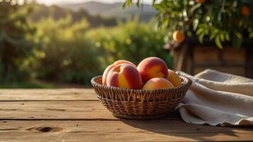 Ripe fragrant peaches in a wicker bowl with tablecloth on a wooden surface on rustic countryside blurred background. Banner with copy space. Farm natural products concept. Nature landscape photo