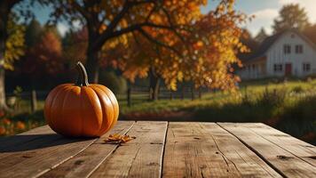 Wooden surface with pumpkin on blurred rustic countryside seasonal autumn background with farmhouse. Mock up with copy space. Template showcase scene for display, montage, advertising product. photo