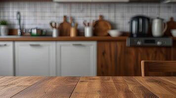 Empty wooden countertop on blurred modern kitchen interior background. Mock up with copy space. Template showcase scene for display, montage, advertising product photo