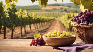 Ripe red and white grape in a wicker bowl on a wooden surface on rural countryside blurred background. Banner with copy space. Farm natural products, winemaking concept. Landscape with a vineyard photo