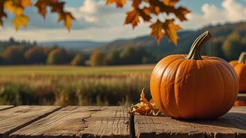 Wooden surface with pumpkin on blurred rustic countryside seasonal autumn background. Mock up with copy space. Template showcase scene for display, montage, advertising product. photo