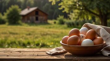Rustic chicken eggs in a wooden bowl and plate on a wooden surface on rustic countryside blurred background with farmhouse. Banner with copy space. Farm natural products concept. Nature landscape photo