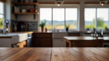 Empty wooden countertop on blurred modern kitchen interior background. Mock up with copy space. Template showcase scene for display, montage, advertising product photo