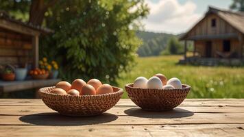 Rustic chicken eggs in a wicker bowl on tablecloth on a wooden surface on rustic countryside blurred background with farmhouse. Banner with copy space. Farm natural products concept. Nature landscape photo