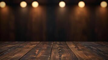 Empty dark wooden table top on blurred background with warm lighting, bokeh. Banner with copy space. Template showcase scene for display, montage, advertising product. photo