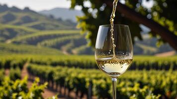 Wine glass with pouring into it white wine, bunch of grapes on blurred background, vineyard landscape in sunny day. Winemaking concept, tasting, grape production. Banner with copy space. photo