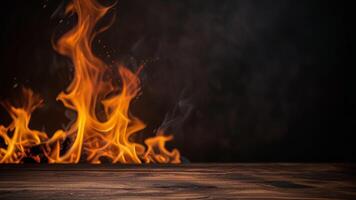 Empty dark wooden surface on blurred background with burning fire, smoke. Mock up with copy space. Template showcase scene for display, montage, advertising product. photo