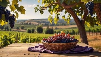 Ripe fragrant red grape in a wicker bowl on a wooden surface on rural countryside blurred background. Banner with copy space. Farm natural products, winemaking concept. Landscape with a vineyard photo