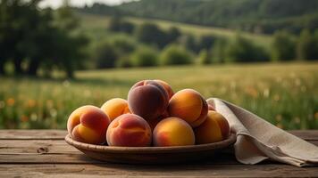 Ripe fragrant peaches in a plate with tablecloth on a wooden surface on rustic countryside blurred background. Banner with copy space. Farm natural products concept. Nature landscape photo