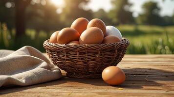 Rustic chicken eggs in a wicker bowl on tablecloth on a wooden surface on rustic countryside blurred background. Banner with copy space. Farm natural products concept. Nature landscape photo
