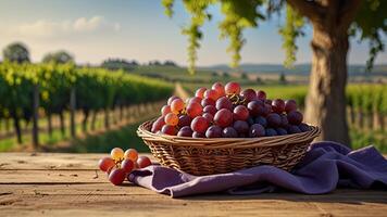 Ripe fragrant red grape in a wicker bowl on a wooden surface on rural countryside blurred background. Banner with copy space. Farm natural products, winemaking concept. Landscape with a vineyard photo