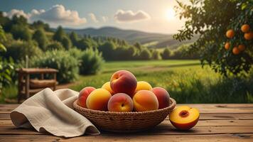 Ripe fragrant peaches in a wicker bowl with tablecloth on a wooden surface on rustic countryside blurred background. Banner with copy space. Farm natural products concept. Nature landscape photo