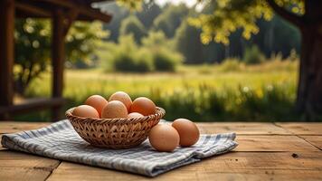 Rustic chicken eggs in a wicker bowl on tablecloth on a wooden surface on rustic countryside blurred background. Banner with copy space. Farm natural products concept. Nature landscape photo