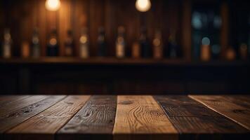 Empty dark wooden table top on blurred bar or restaurant background with warm lighting and plants. Banner with copy space. Template showcase scene for display, montage, advertising product. photo