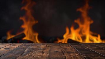Empty dark wooden surface on blurred background with burning fireplace and smoke. Mock up with copy space. Template showcase scene for display, montage, advertising product. photo