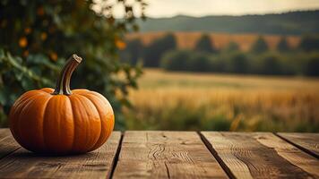 Wooden surface with pumpkin on blurred rustic countryside seasonal autumn background. Mock up with copy space. Template showcase scene for display, montage, advertising product. photo