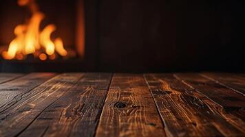 Empty dark wooden surface on blurred background with burning fireplace. Mock up with copy space. Template showcase scene for display, montage, advertising product. photo