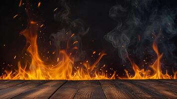 Empty dark wooden surface on blurred background with burning fire and smoke. Mock up with copy space. Template showcase scene for display, montage, advertising product. photo