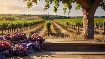 Ripe red grape in a wicker bowl on a wooden surface on rural countryside blurred background. Banner with copy space. Farm natural products, winemaking concept. Landscape with a vineyard photo