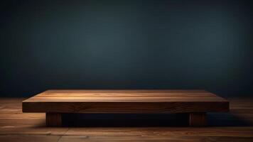 Empty dark wooden surface on dark blurred background. Mock up with copy space. Template showcase scene for display, montage, advertising product. photo