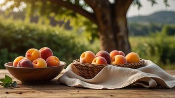Ripe fragrant peaches in a wicker bowl with tablecloth on a wooden surface on rustic countryside blurred background. Banner with copy space. Farm natural products concept. Nature landscape photo