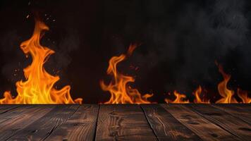 Empty dark wooden surface on blurred background with burning fireplace, smoke. Mock up with copy space. Template showcase scene for display, montage, advertising product. photo